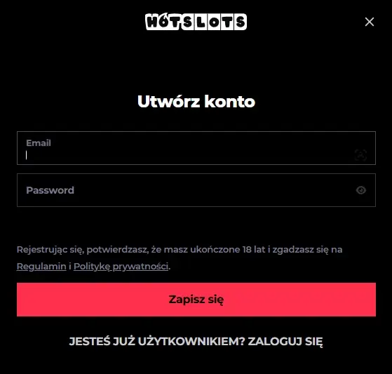 formularz rejestracyjny Hot Slots Casino